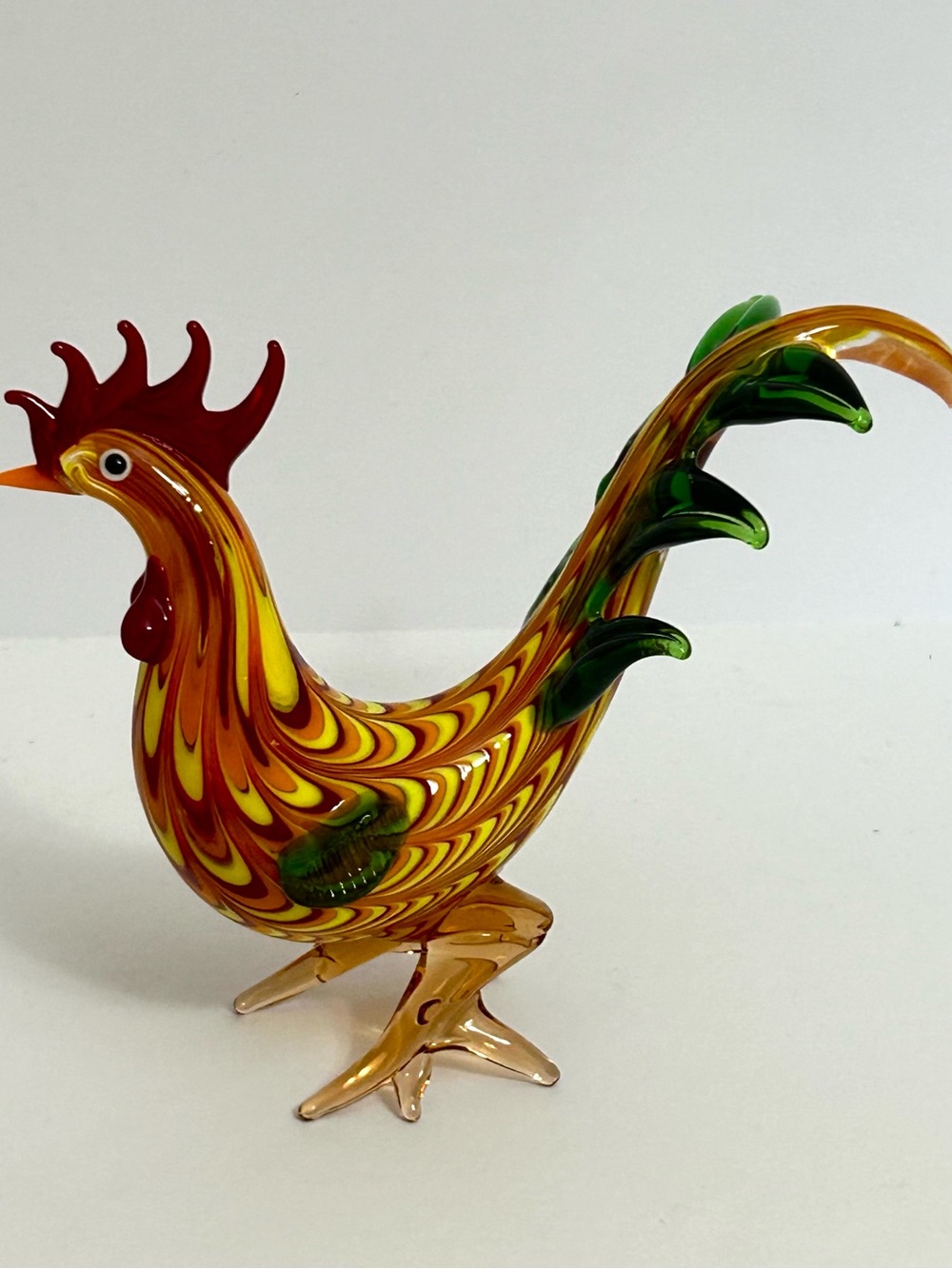 Handblown Glass Art Yellow Red Green Rooster Figurine 5”